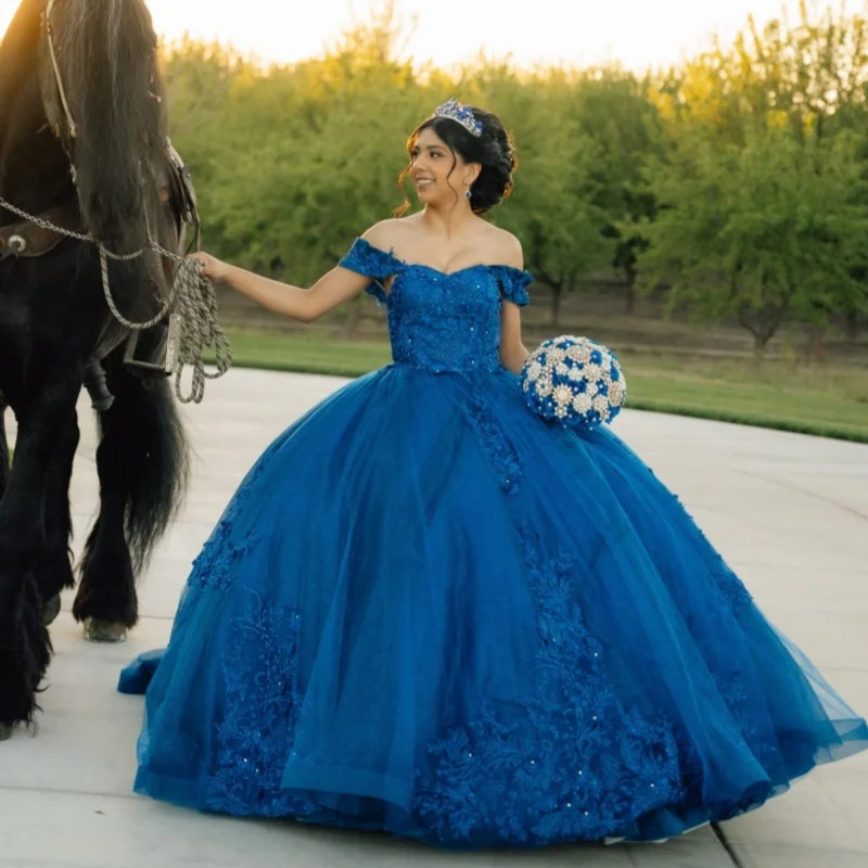 

Dark Blue Quinceanera Dresses Off the Shoulder Crystal Decal 3D Flower Long tail Bow Vestidoe 15 Quinceanera Customize