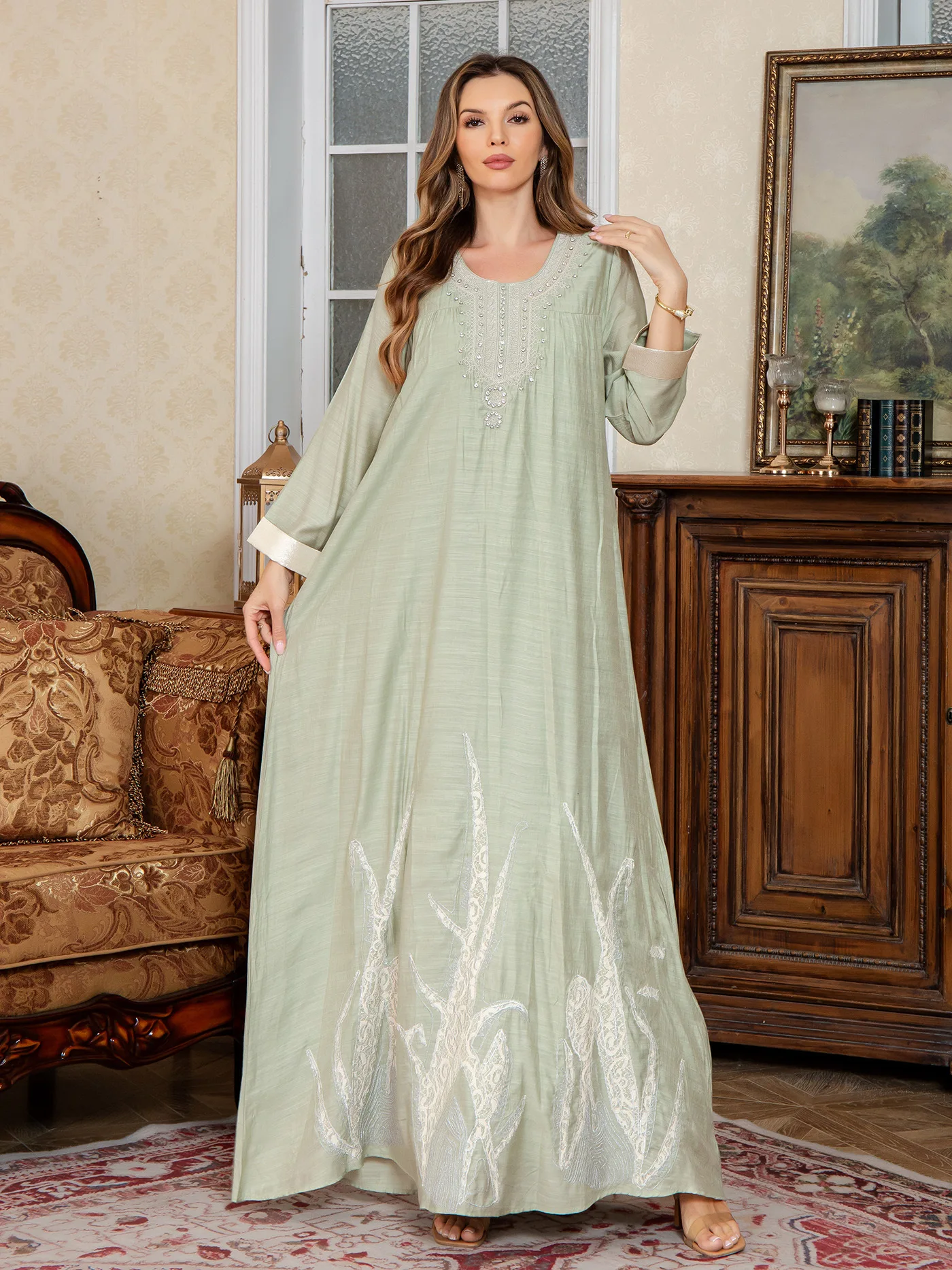 Muslim New Fashion Women's Casual Trendy Solid Color Embroideried Loose Long Sleeve Sash Pullover Abaya Female Middle East Arab