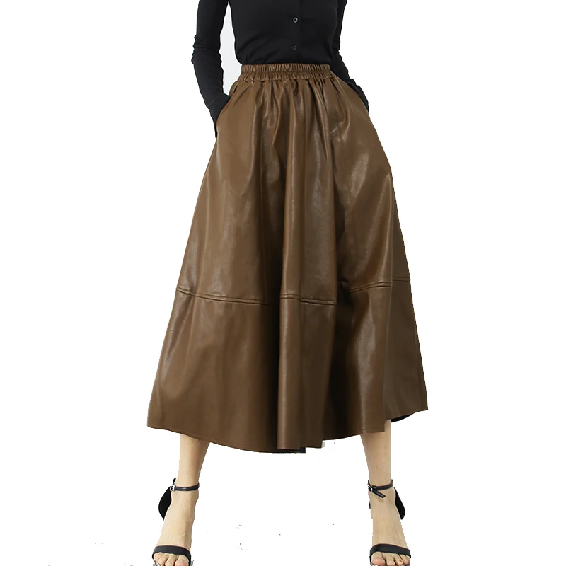 Autumn PU Leather Skirts Elastic Waist Patchwork Pockets A-line Long White Green Khaki Leather Skirts Coffee