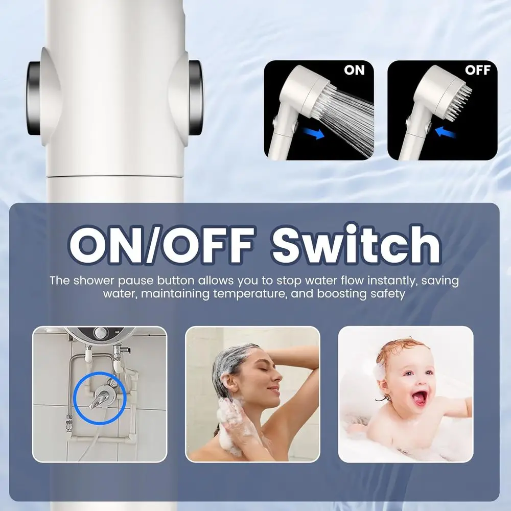 5-funkcyjna słuchawka prysznicowa z filtrem do wody o niskiej zawartości wody, włącznikiem/wyłącznikiem i wężem ze stali nierdzewnej redukującym zawartość chloru.