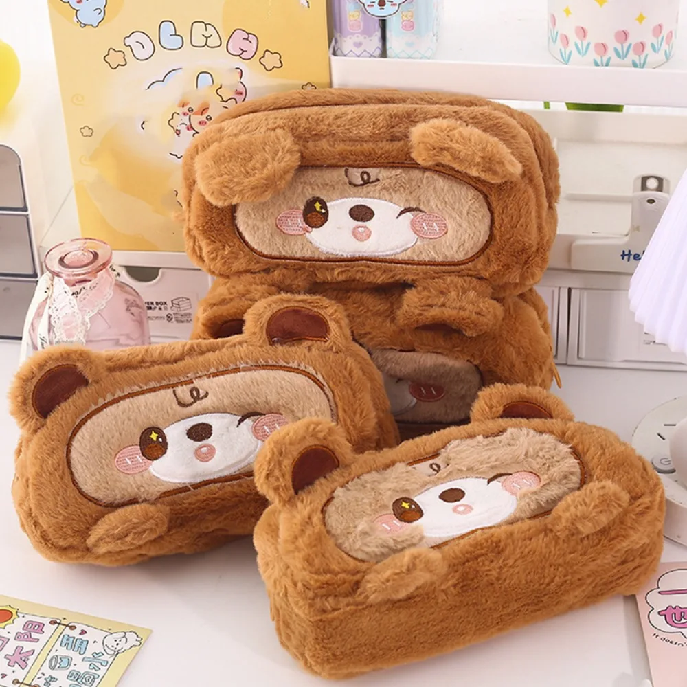 Large Capacity Capybara Pencil Case PVC Transparent Cute Bear Pen Bag Cat Plush Pouch Furry Stationery Storage Bag School