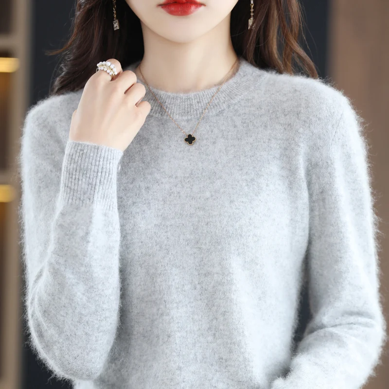 Autumn and Winter New Women\'s 100% Mink Cashmere Sweater O-Neck Knitted Pullover Casual Loose Large Basic Fashion Top