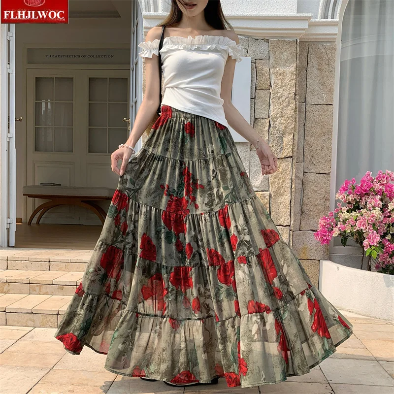 Bohemian Holiday Long Maxi Skirts New 2026 Woman Cute Girls Retro Vintage Summer Flower Floral Print High Waist Layered Skirt