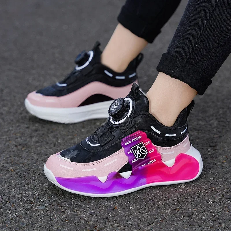 

Children's Sneakers Spring New Soft Sole Girls Leather Casual Shoes Wear-resistant Rotating Button Boy's Running Shoes 5-12T