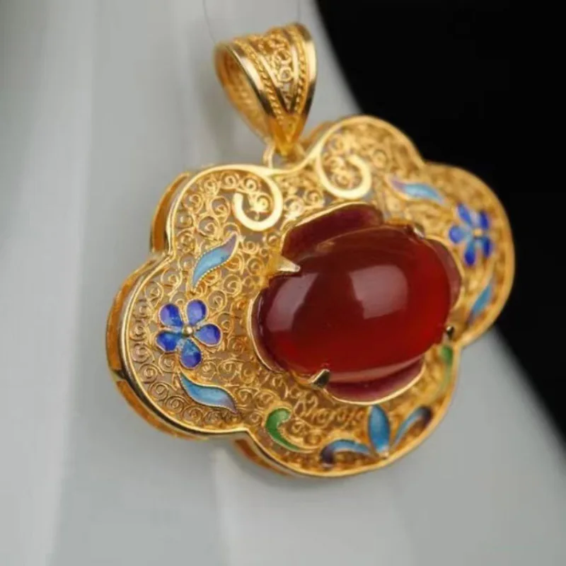 Original ancient gold craftsmanship inlaid Natural red chalcedony pendant necklace for women exquisite enamel wedding jewelry