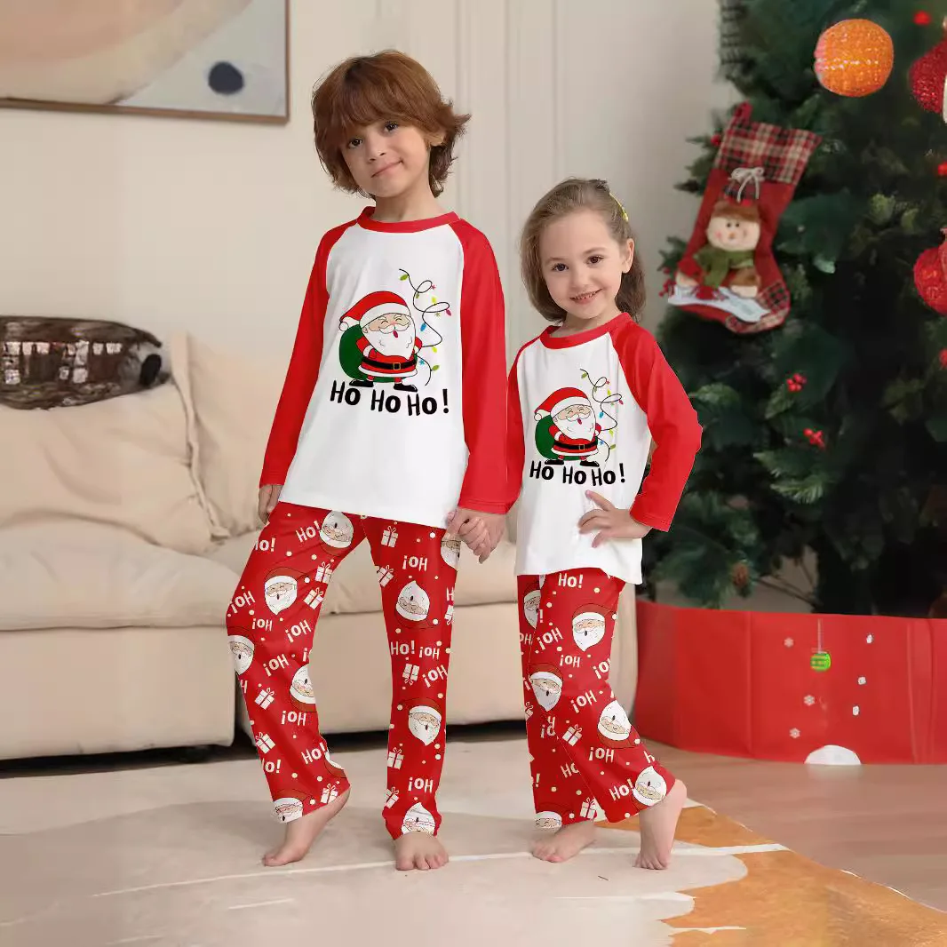 New Christmas Family Pajamas Set, Santa Claus printed round-neck red off-the-shoulder full-sleeved family home wear pajama set