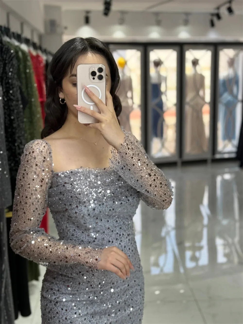 Cathy Customized Sliver Sequins Mermaid Prom Dress Square Neck Long Sleeves vestidos de noiva Detachable Train Evening Dresses