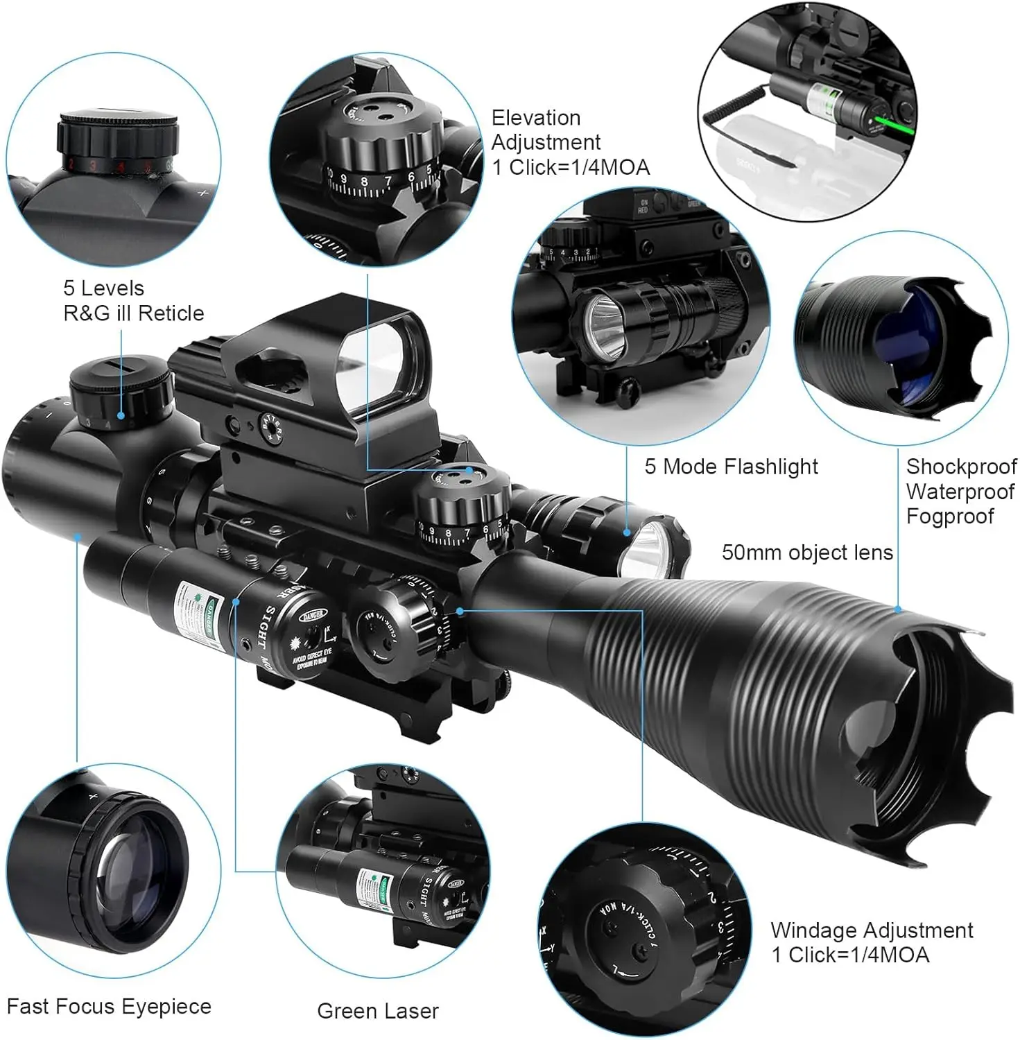 4-12/16x50EG Scope Combo Dual Illuminated Red/Green with Green/Red Laser 4 Models Holographic Reticle Red Dot for Rail Mount