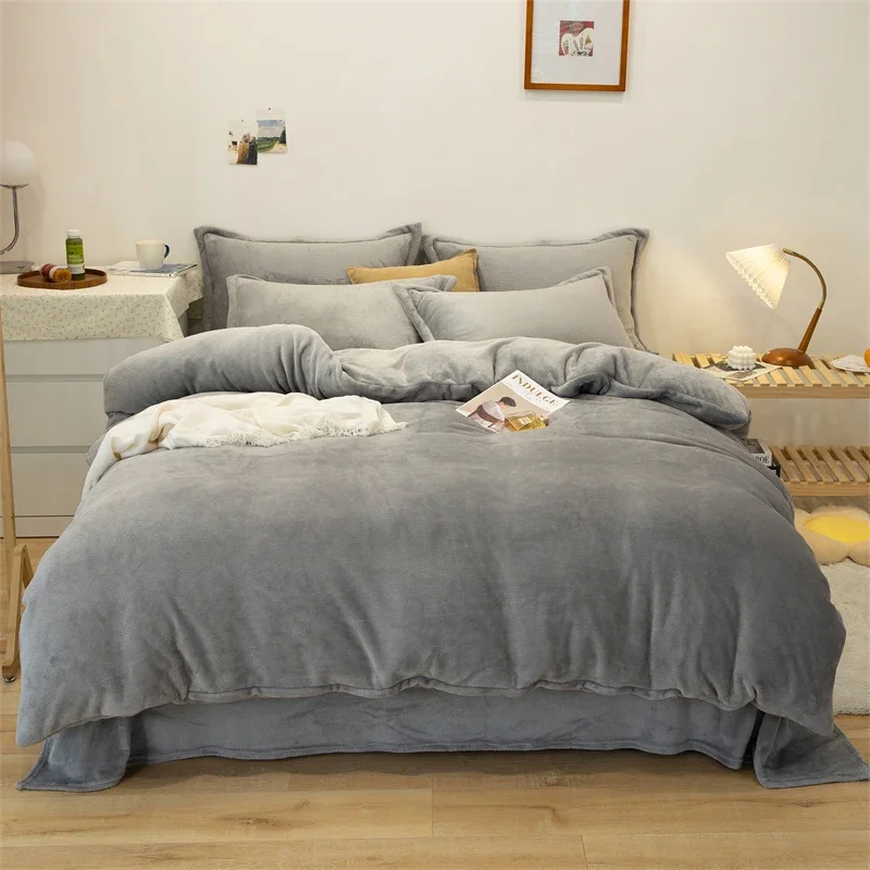 150/180/200CM Light Grey Coral Velvet Bed Sheet Duvet Cover Pillowcase Four-piece Winter Autumn Bedding Set M045-7