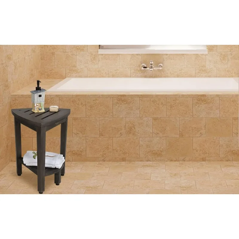 Teak Shower Corner Stool Wood Corner Shower Seat Spa Bench with Shelf, 15