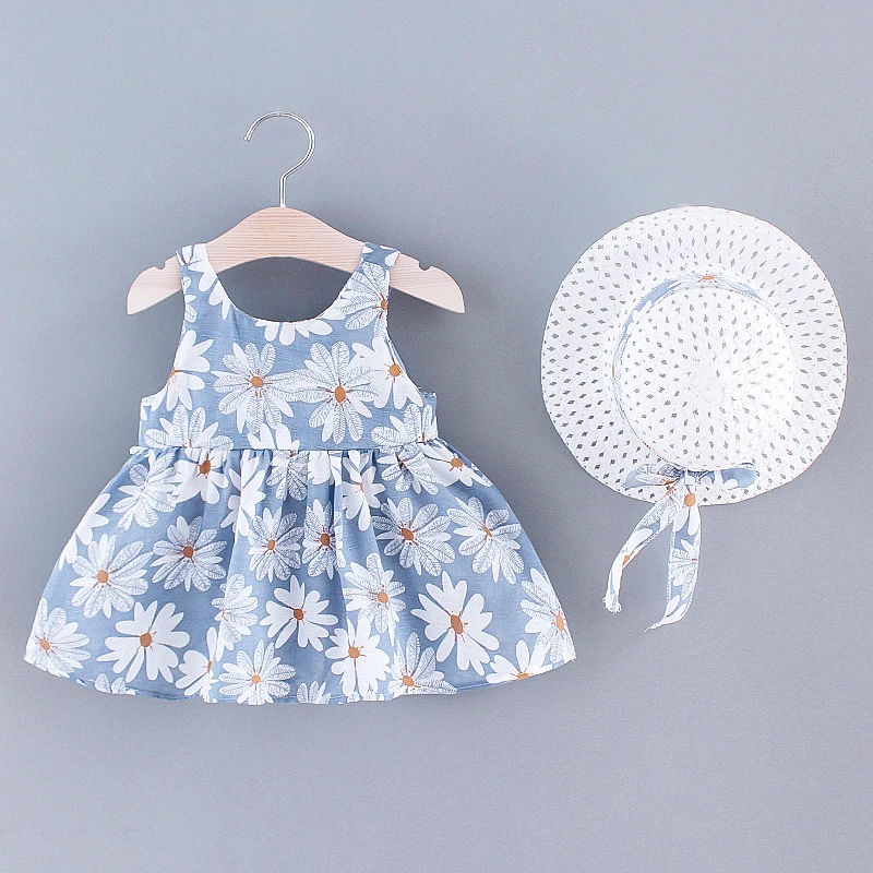 2pcs Baby Girls Sleeveless Daisy Print Back Big Bow Decor Beach Dress & Hat Set Kids Summer Clothes