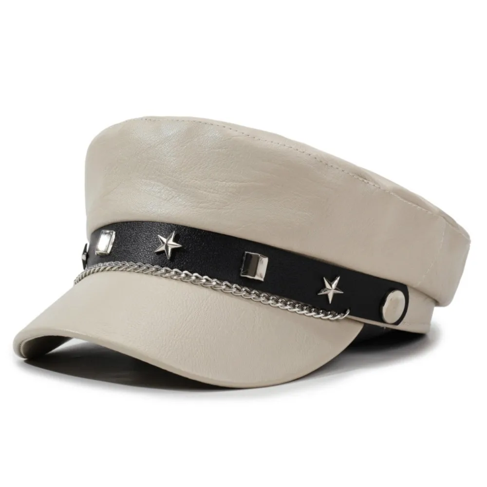Retro PU Leather Newsboy Hat Metal Chain Decor Solid Color Baker Boy Cap Star Strap Casual Beret Hat For Women