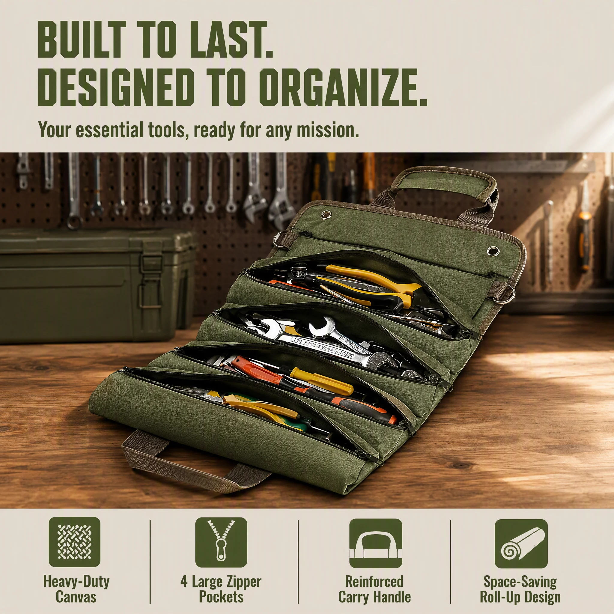 Heavy-Duty Roll-Up Tool Bag - Oxford Fabric Multi-Tool Organizer All-in-One Garage Storage for Mechanics/Electricians/Carpenters