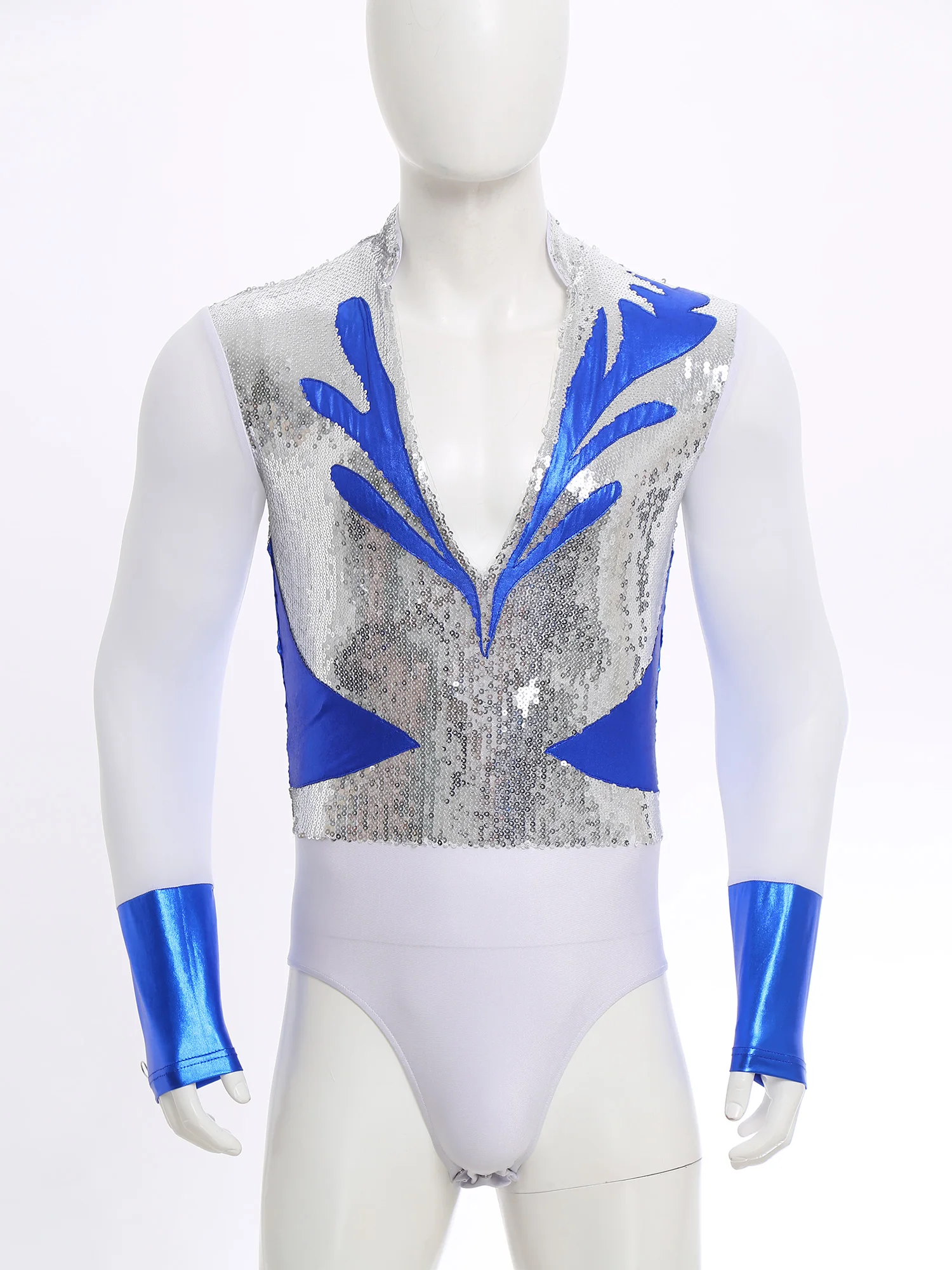 Herren-Eiskunstlauf-Bodysuit, Overalls, Pailletten, metallisch, langärmelig, Gymnastik-Trikot, Tanzkleidung für Ballett, lateinamerikanischer Tanz