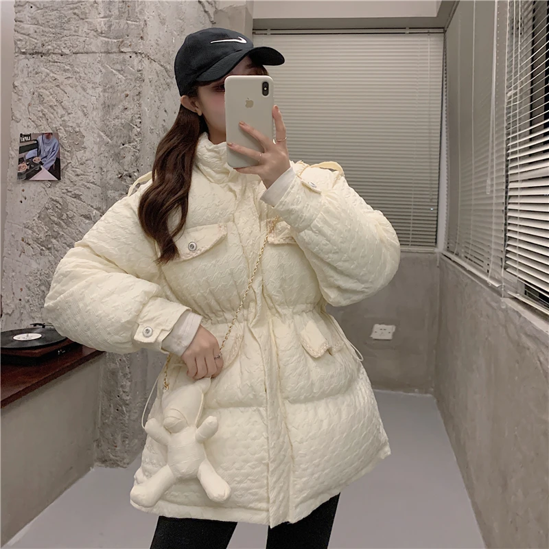 Houndstooth Pattern Stand Collar Down Cotton Padded Coat Women Winter Korean Drawstring Waist Beige Black Cotton Parkas Outwear