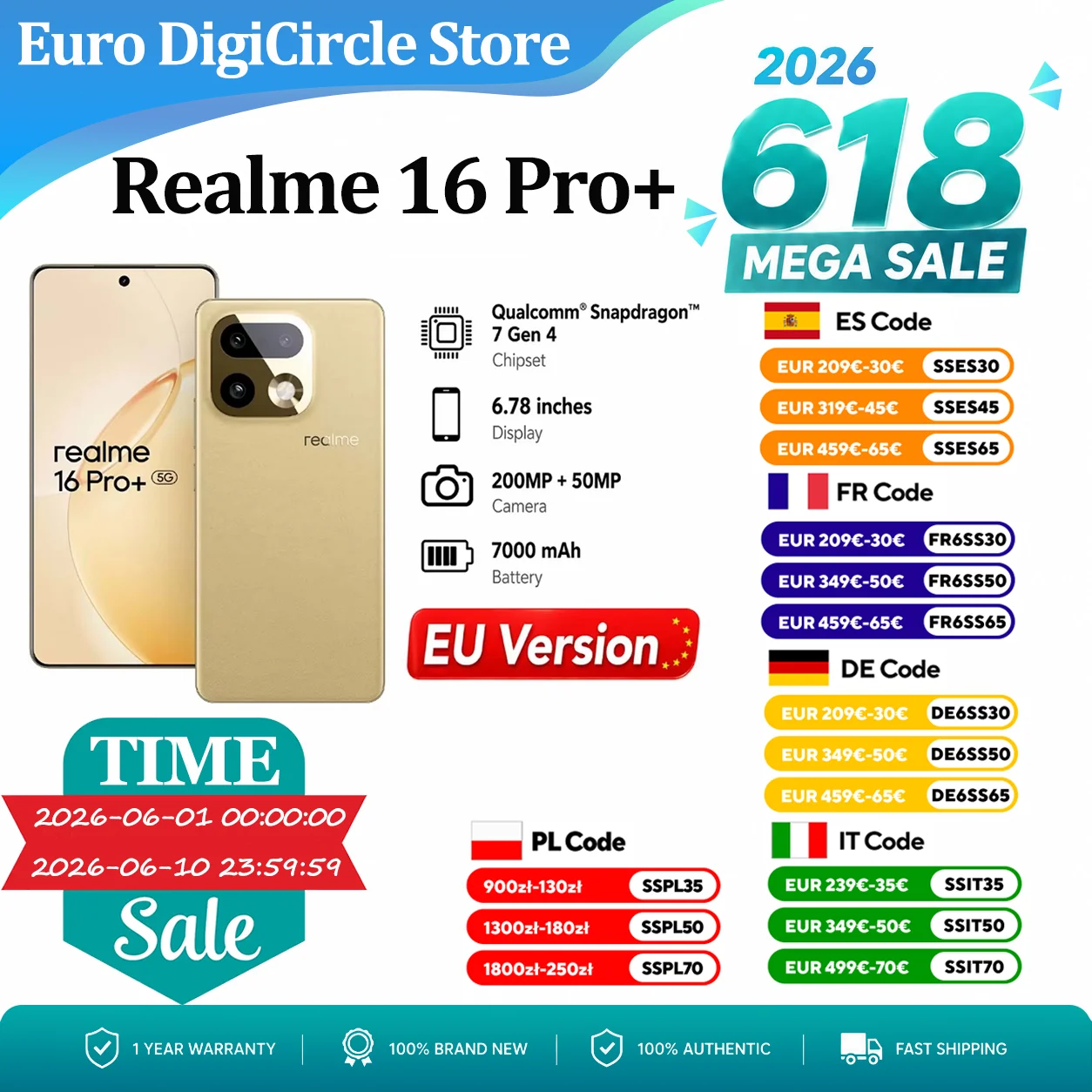 Smartphone Débloqué Realme 16 Pro+ 5G (EU Version) 12+512GB Gris, Écran AMOLED 144Hz, Batterie 7000mAh, Charge Rapide 80W SuperVOOC, Appareil Photo 50+200MP, Qualcomm Snapdragon 7 Gen 4, LPDDR5X,
