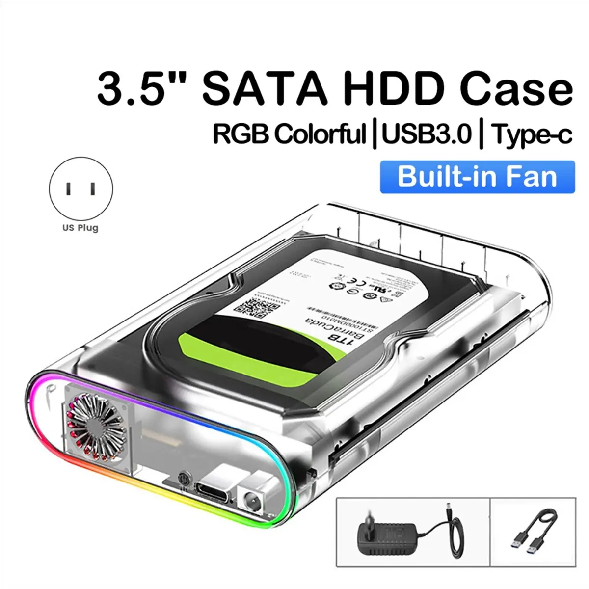 Caja HDD/SSD de 3,5 pulgadas, transparente, USB 3,0 tipo C a HDD externo, compatible con SSD de 28TB, luz colorida RGB, enchufe estadounidense