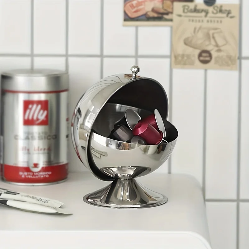 Taza de azúcar esférica de acero inoxidable con tapa abatible, tarro de condimentos, recipiente cuadrado para dulces, taza para salsas, almacenamiento reversible para el hogar