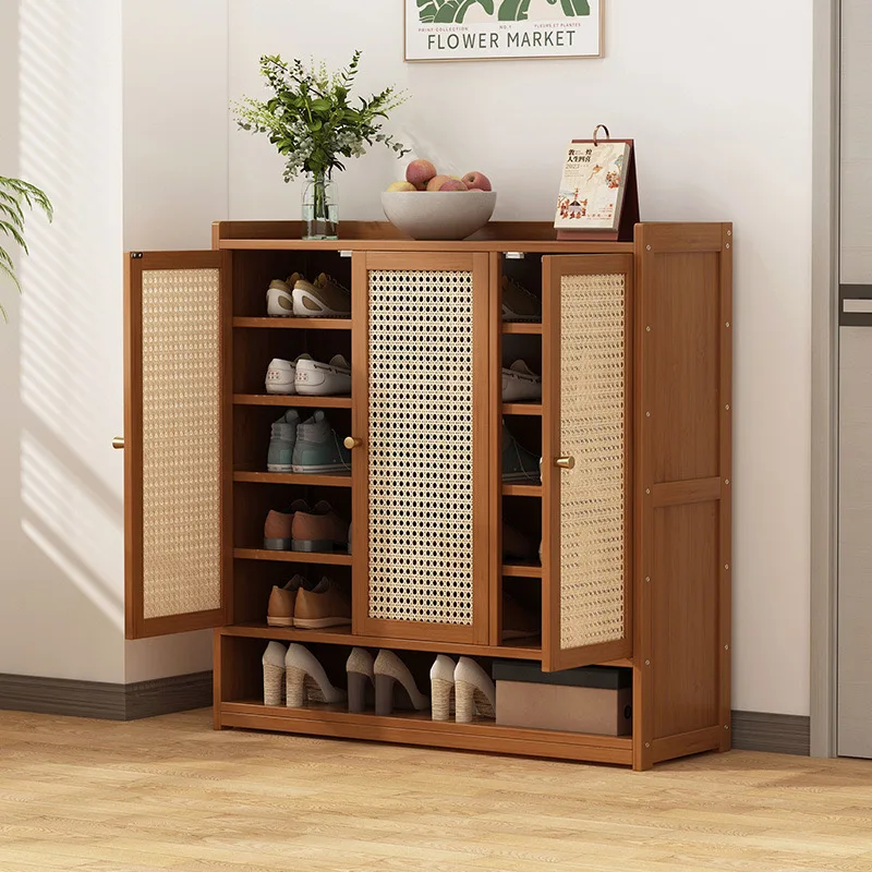 2025 Shutter Door Shoes Organizer for Living Room Bamboo 3 Tier Shoe Storage Cabinet Shoe