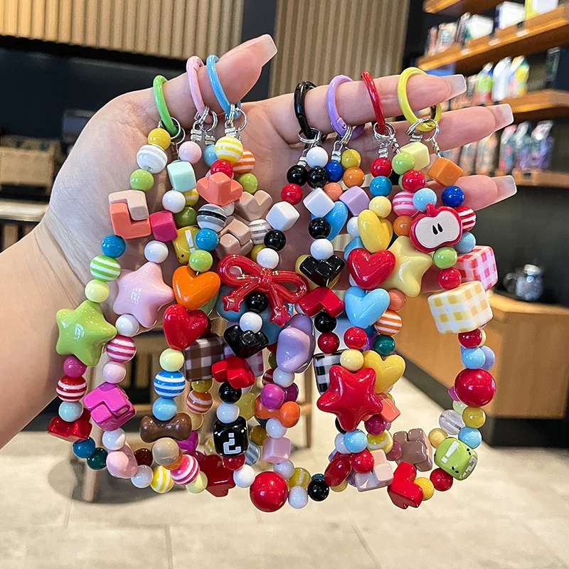 DIY Candy Dopamine Color PVC Beaded Keychain Cute Love Heart Stars Apple Bowknot Strings Keyring T Clip Included Phone Accessory