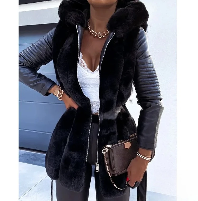 

Womens Fur Coat with Belt Hooded Zipper Jacket Solid Color Autumn Winter New Warm Outerwear