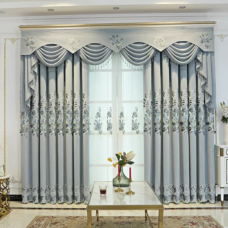 Custom Size European Embroidered Pink Valance Chenille Luxury Curtains for Living Dining Room Bedroom Blackout Window Door Decor
