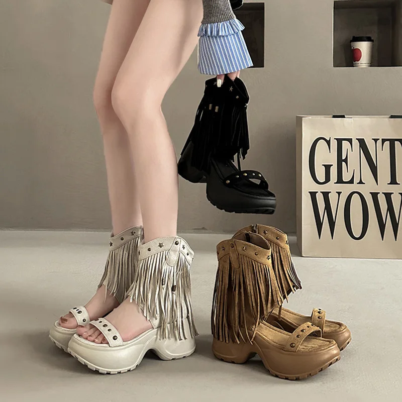 

2026 Summer New Women's Fringe Studded Platform Sandal Boots French Style Maillard Color Roman Gladiator Sandals