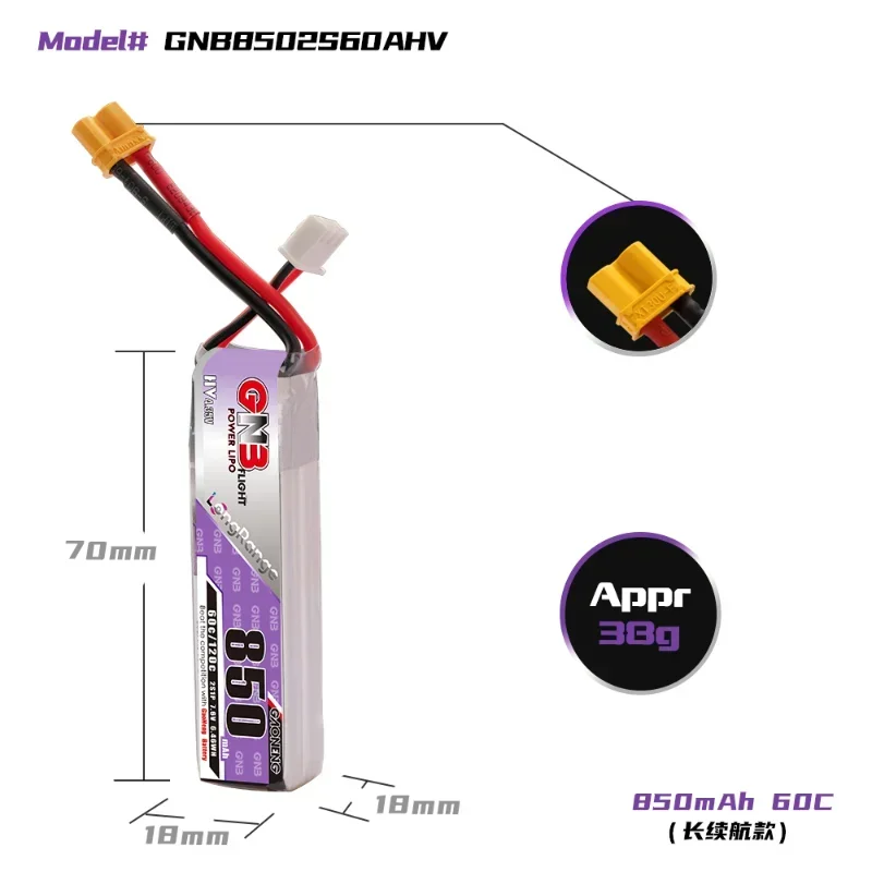 Gaoneng GNB 850mAh 7.6V/2s 11.4V/3s 15.2V/4s 60C HV Lipo With XT30 Plug For Happymodel FPV Racing Cine Whoop BetaFPV