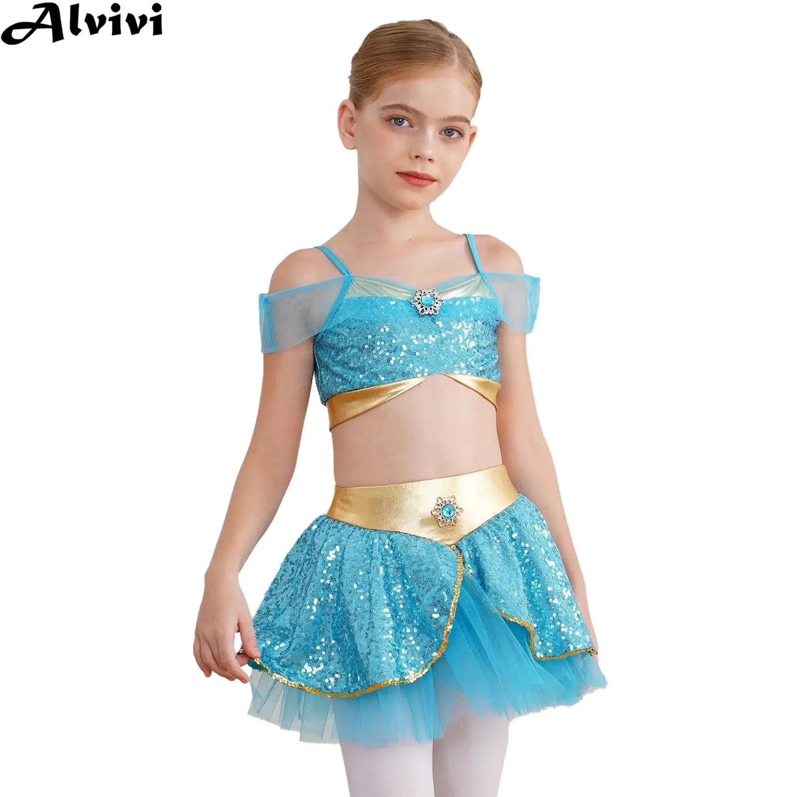 Kids Girls Arabian Dance Outfit Halloween Theme Party Fairy Tales Princess Cosplay Costume Sequin Gem Crop Top Culottes Set