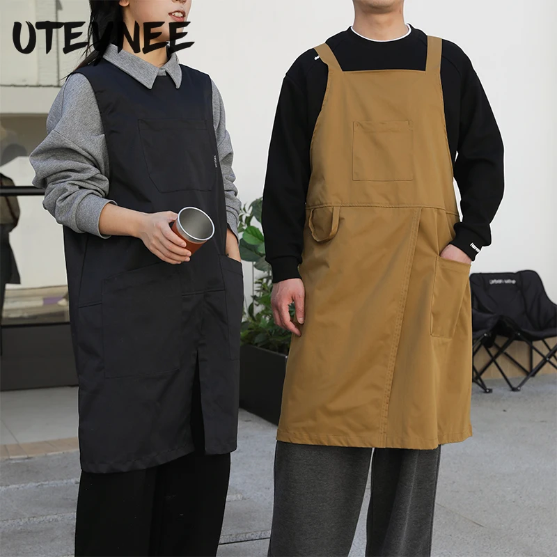 

Restaurant Cafe Men and Women's Kitchen Waiter Apron with Pocket Waterproof Cross-back Work Apron for Cooking Baking Pinafore