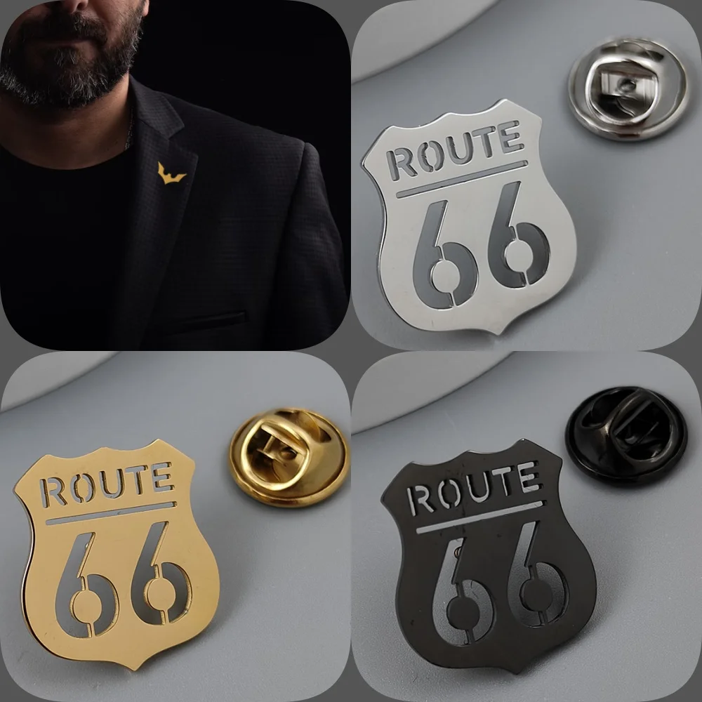 Route 66 Gold Plated Badge, Black Men's Collar Brooch, Lapel Pin Black, Father Husband Gift, Suit Accessories Set