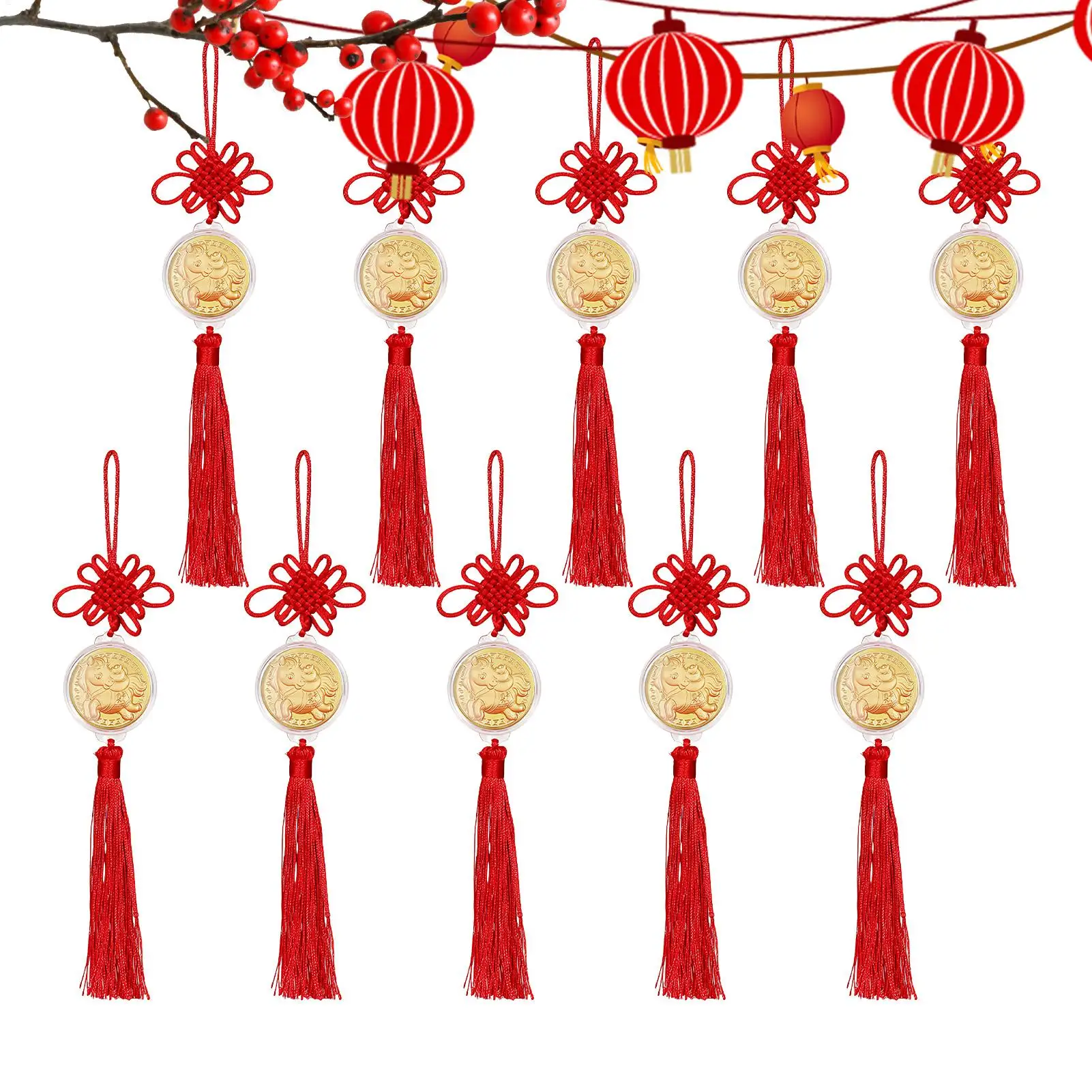 

2026 Chinese New Year Horse Pendant 10x Gold FoilZodiac Commemorative Coin Pendant with Tassel New Year Horse Ornament for Car