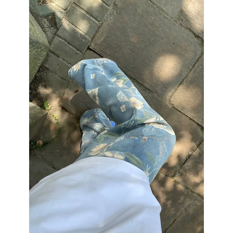 

Loose Straight Leg Floral Print Men's Jeans American High Street Vibe Design Wide Leg Pants Youth Faion Cotton 00%