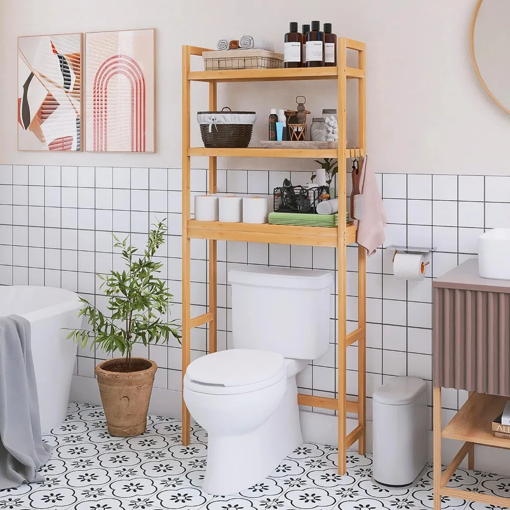 

Бамбуковая полка для хранения над унитазом, 3-х уровневая регулируемая полка-органайзер для экономии места в ванной комнате