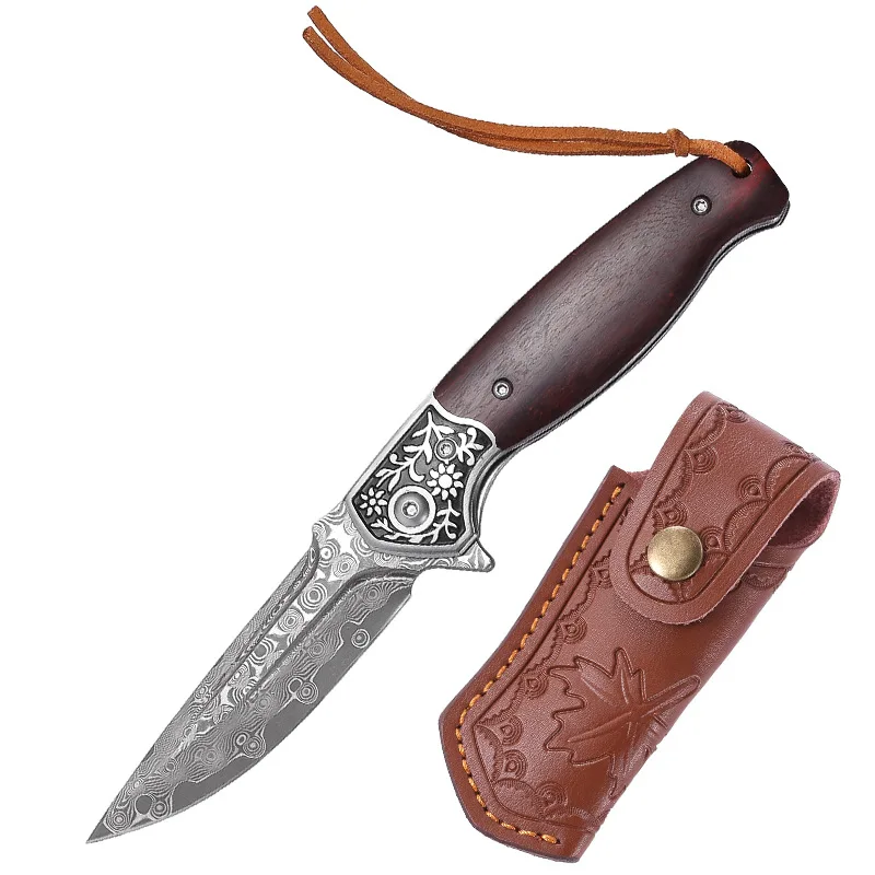 7.4 inch High Quality EDC Folding Knife with Scabbard Damascus Steel Portable Pocket Knife for Self Defense Survival Jackknife