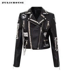 Punk Studded Black Leather Jacket for Women 2024 Trend Streetwear Graffiti Print Motorcycle  Faux Leather Cropped Jackets S-XXXL