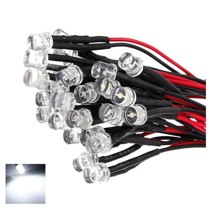 HOT SALE 20Cm 12V Wired For Light Emitting Diode Wiring Led Lot Size: 5Mm Flat Top Color:White Qty:20Pcs