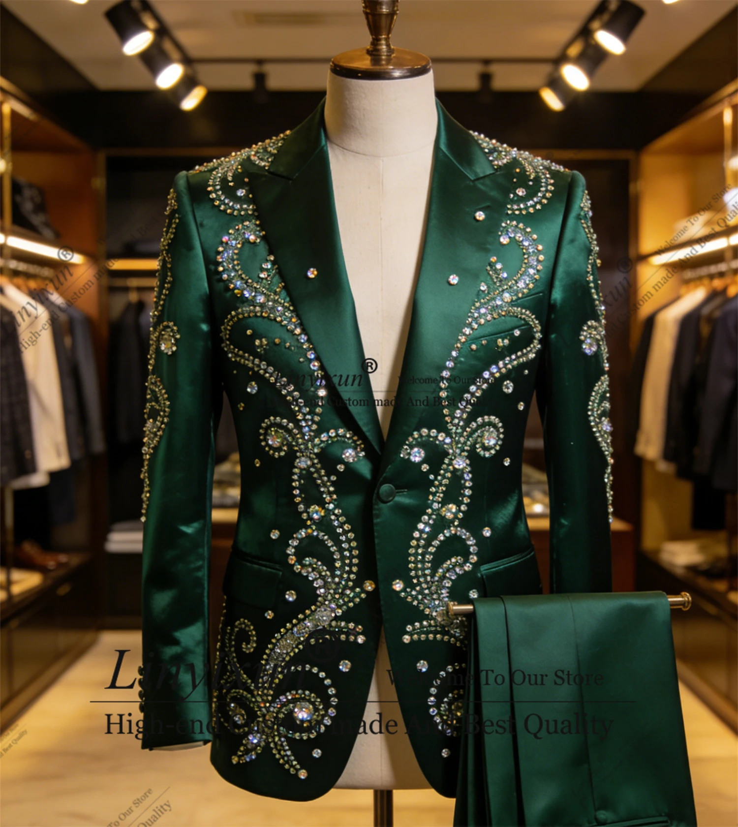 

Amazing Rhinestone Crystals Men Suits 2 Pieces Sets Groom Tuxedos Wedding Male Party Blazer Customized men's suits and separates