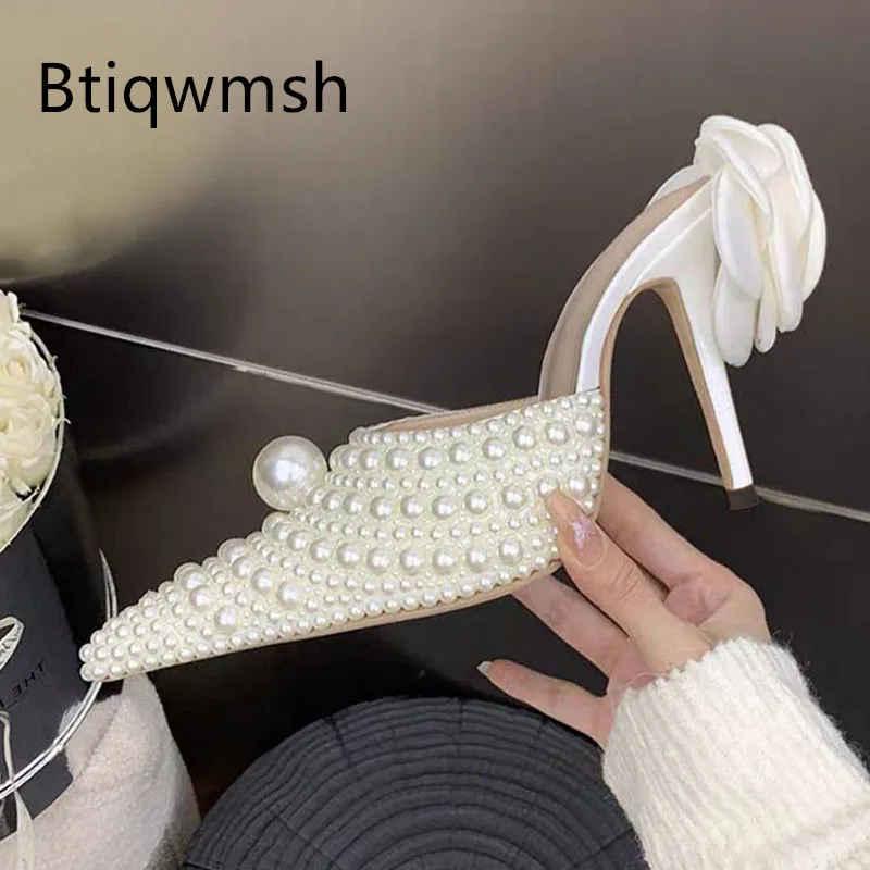 

2025 New Pearl Sandals Woman Pointed Toe Strange Flower High Heel Shoes Lady Sexy Party Shoes