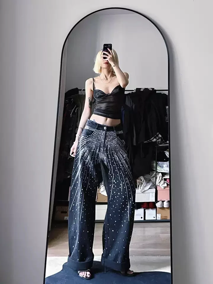 

Осень 202, женские винтажные джинсы Y2k со стразами, черные мешковатые джинсовые брюки в стиле Харадзюку, черные готические джинсовые брюки в стиле гранж 2000-х, 90-х годов