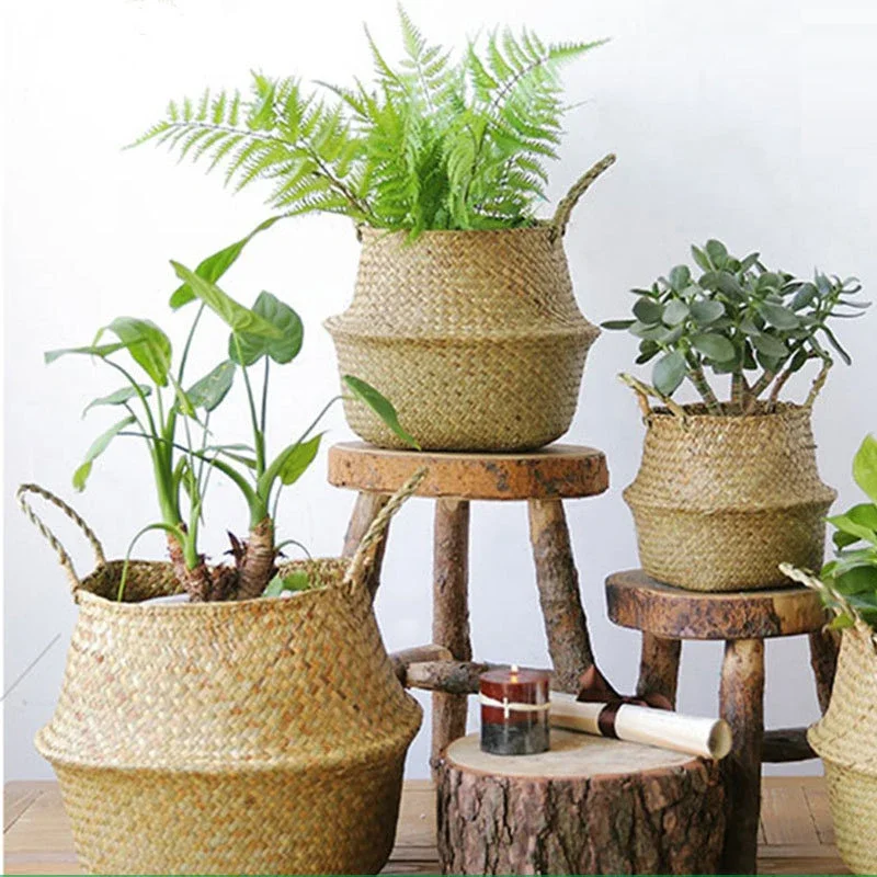 Seaweed Wicker Basket Toy Organizer Folding Rattan Hanging Seagrass Storage Laundry Woven Basket Plant Flowerpot For Home Garden