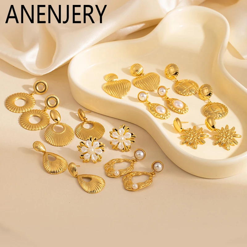 ANENJERY 316L Stainless Steel Heart Flower Geometry Pearl Earrings For Women Fashion Luxury Design Delicate Jewelry Wholesale