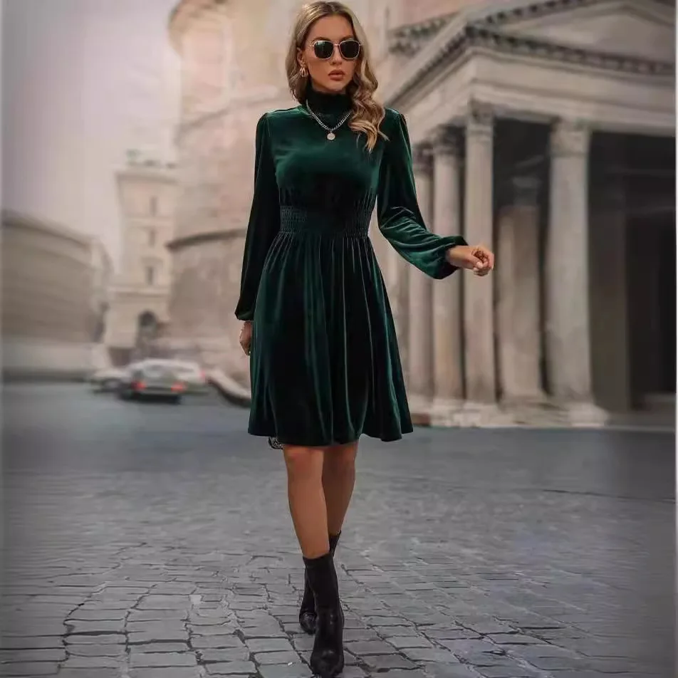 

2024 New Winter Spring and Autumn Ladies Fashion Style Stand up Collar Solid Color Velvet Long Sleeve Elegant Svelte Dress