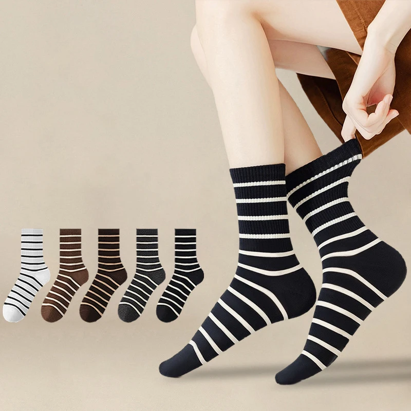 Striped Socks Women's Mid-Tube Socks Spring and Autumn Thin Outer Wear Matching in trendy Korean of Sweat-Absorbing Tide Socks