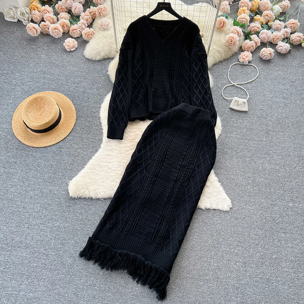 Croysier Autumn Winter Elegant Casual Cable Knit Two Piece Set Women 2023 Loose Sweater And Fringe Hem Long Skirt Matching Sets