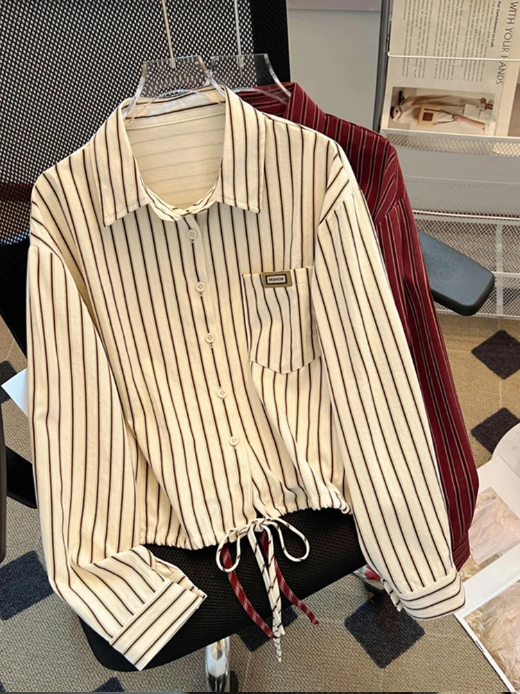 Chemise rayée à manches longues et col polo pour femmes, chemisiers à nœud, mode esthétique des années 90, vêtements de bureau, vintage, coréen, élégant