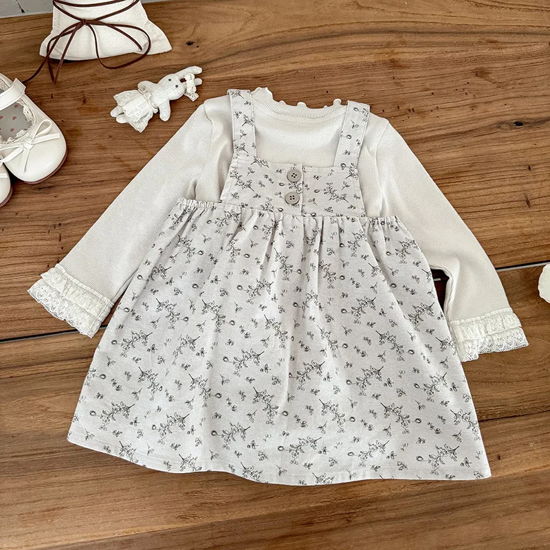 여아 정장 가을 신상 아기 바지 긴팔 상의 여자아이 귀여운 꽃무늬 스트랩 스커트 투피스 세트 A급