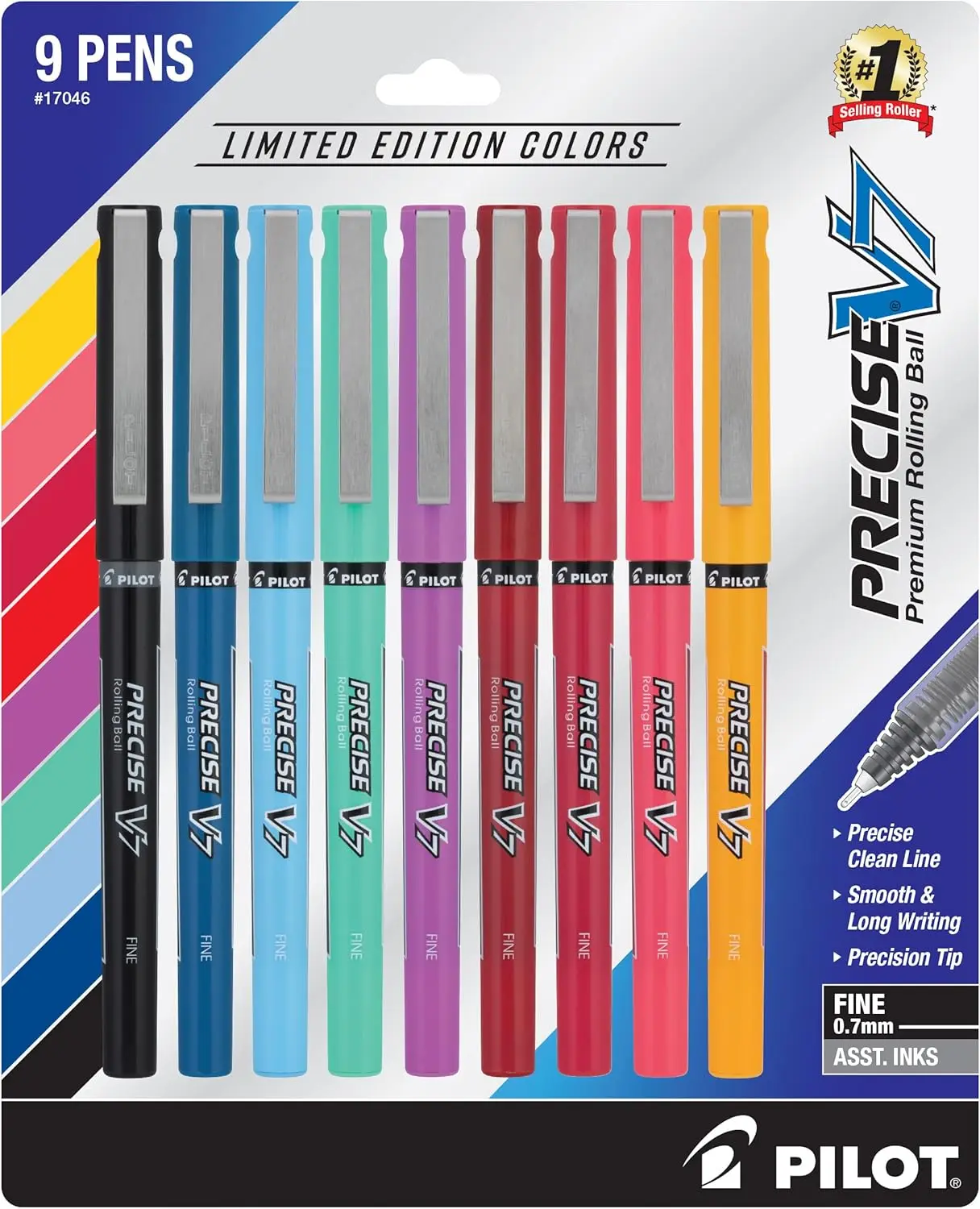 

Pilot Precise V7 Capped Liquid Ink Rollerball Pens, Fine Point 0.7 mm, Assorted Colors, Pack of 9 for School Journaling Office