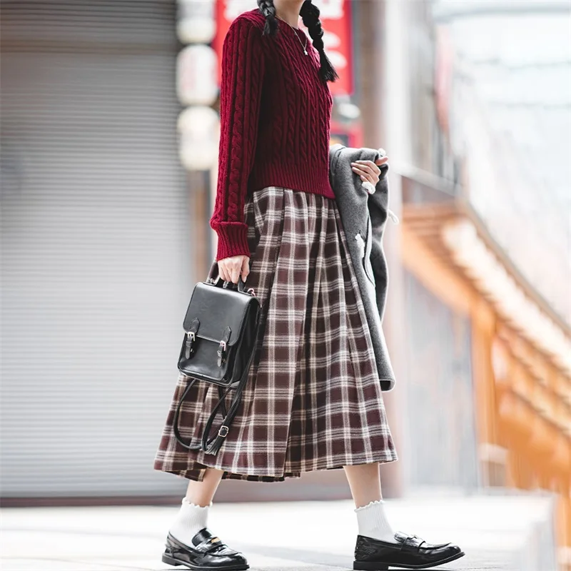 Maden Women\'s American Plaid Pocket Half Skirt Loose Relaxed Slim High Vintage Plaid Long Umbrella Skirt Autumn