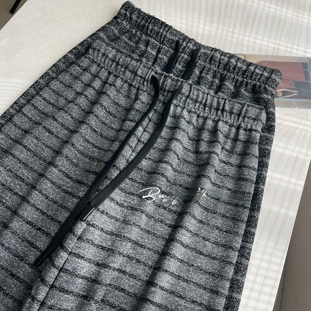 Slimming Wide Leg Pants Korean Sle Commute Knitted Trousers Dstring Elastic Waist Long Pants Faionable Stripes